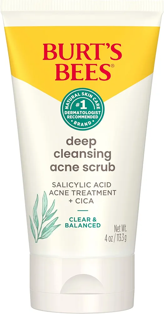 Burt’s Bees Clear and Balanced Deep Cleansing Acne Scrub, Salicylic Acid Acne Treatment with Cica, Facial Cream Exfoliator Helps Unclog Pores and Reduce Acne, 4 Oz