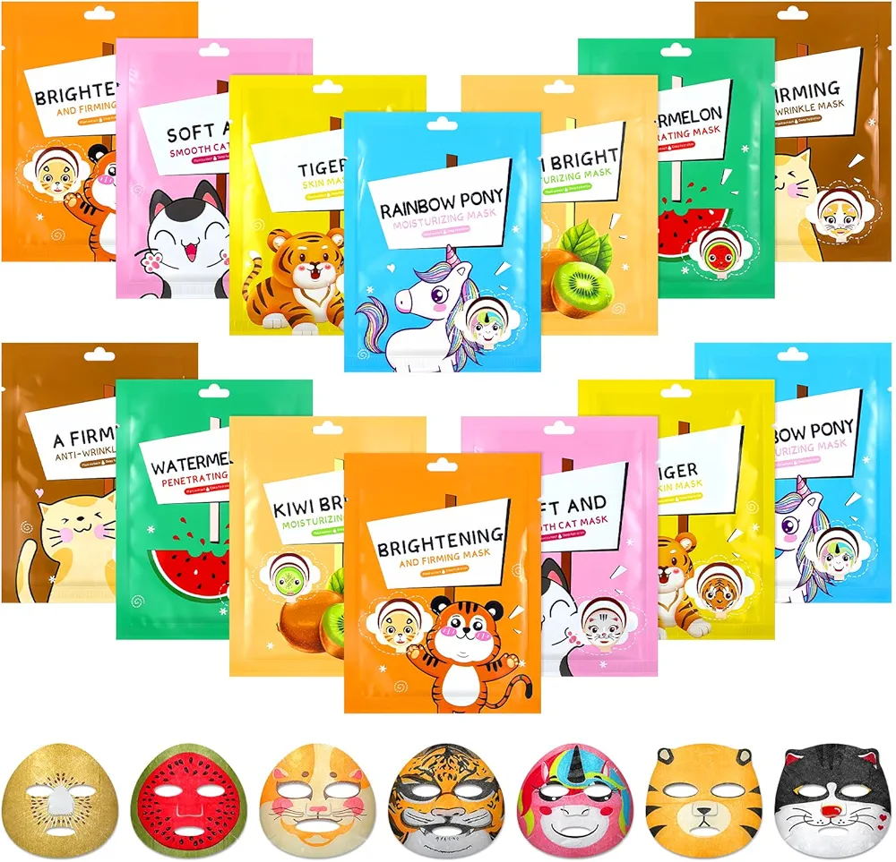 24 Pcs Animal Fruit Theme Face Masks Skincare Sheet Kit Organic Beauty Facial Mask Skin Care for Teens Girls Women Night Summer Skincare Party Stocking Stuffers Holiday Gifts Skincare