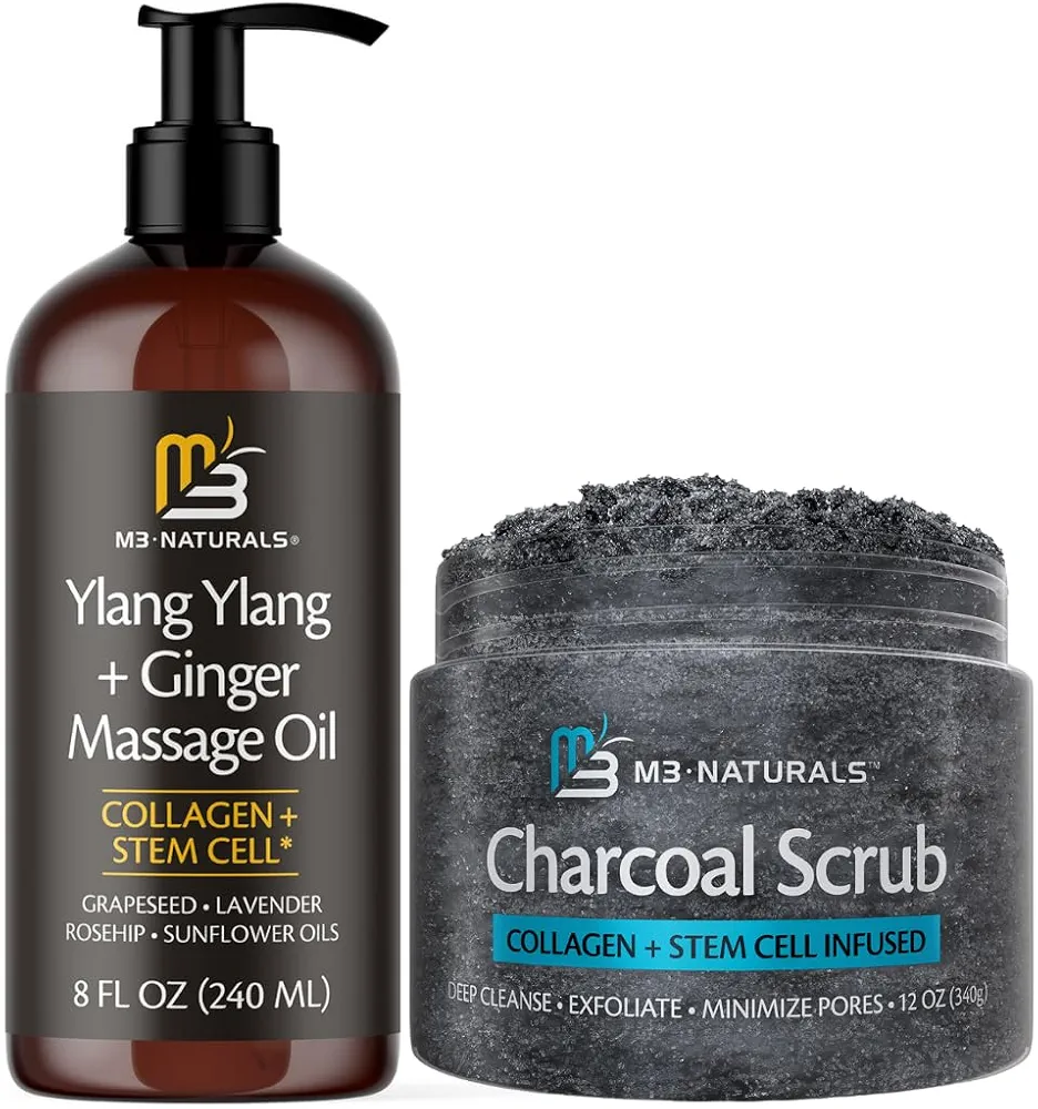 M3 Naturals Ylang & Ginger Massage Oil with Charcoal Body Scrub Bundle