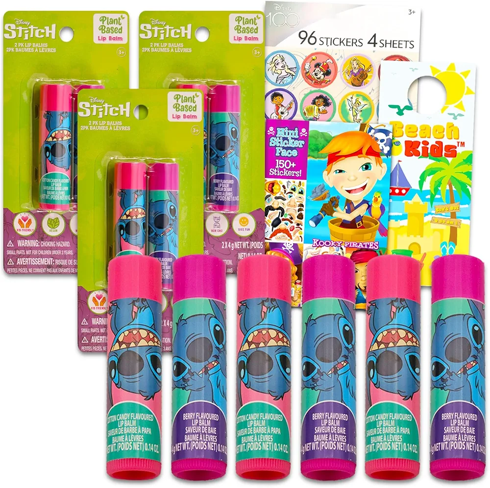 Stitch Lip Balm Tube Bundle for Girls – 6 Pack of Stitch Lip Balm in Assorted Flavors Plus Stickers, More | Stitch Party Favors