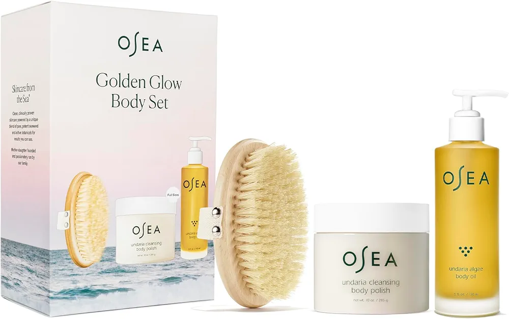 OSEA Golden Glow Full Size Body Set - Includes Full Size Undaria Algae Body Oil (5oz), Undaria Cleansing Body Polish (10oz), & Plant-Based Body Dry Brush - Clean & Vegan Bodycare Spa Set for Women