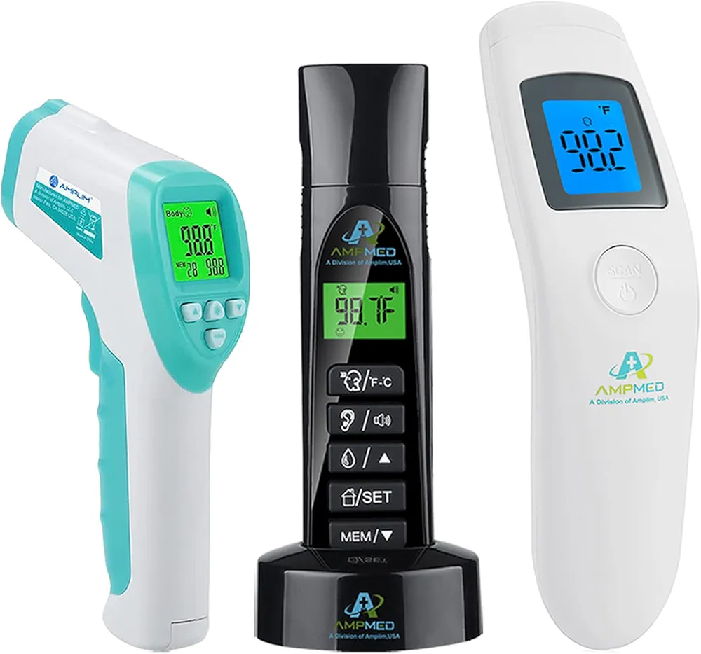 Amplim Medical-Grade Digital Infrared Non-Contact Forehead & Ear Thermometer Bundle. Pink, Blue, and Red