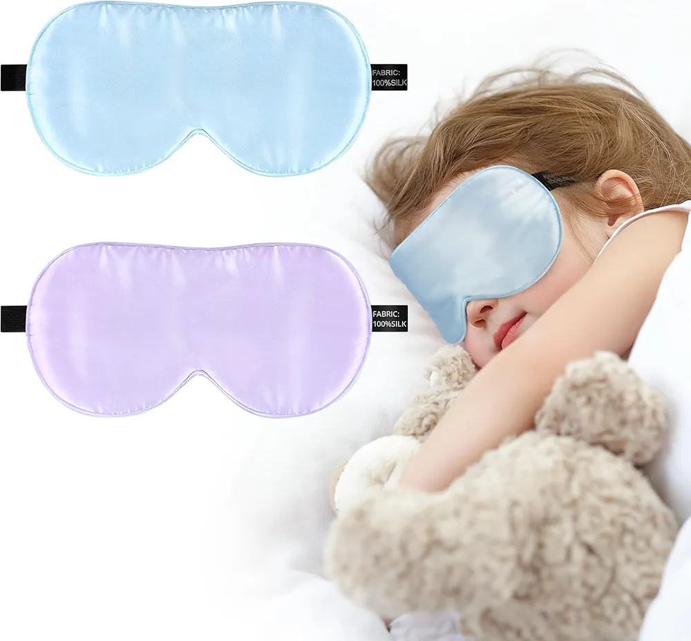 Silk Sleep Eye Mask for Kids, 100% Real Natural Pure Silk Sleeping Masks, Blindfold Sleep Eye Cover with Adjustable Strap, Soft & Lightweight Night Eyeshade for boys girls teens (2 Pack)