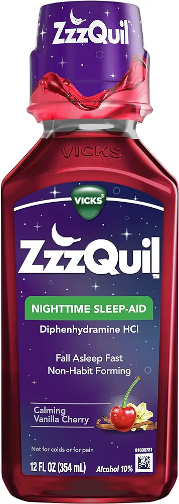 ZzzQuil, Nighttime Sleep Aid Liquid, 50 mg Diphenhydramine HCl, No.1 Sleep Aid Brand, Fall Asleep Fast, Non-Habit Forming, Calming Vanilla Cherry, 12 FL OZ