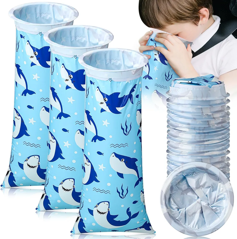 24 Pack Kids Vomit Bags Disposable Emesis Bags 1000 ml Portable Leak Proof Self Sealing Barf Bags for Motion Car Taxis Airplane Travel Sickness Nausea Throw up(Shark)