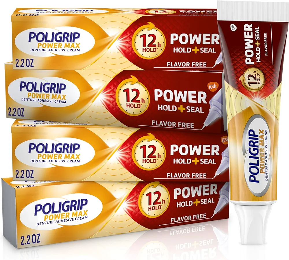 Super Poligrip Power Max Power Hold plus Seal Denture Adhesive Cream, Denture Cream for Secure Hold and Food Seal, Flavor Free - 2.2 oz (Pack of 4)