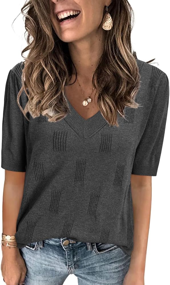 Arach&Cloz Womens Sweaters Soft Fall 2024 Fashion Versatile Dressy Blouse Short Sleeve Knit Lightweight Tops Summer Trendy