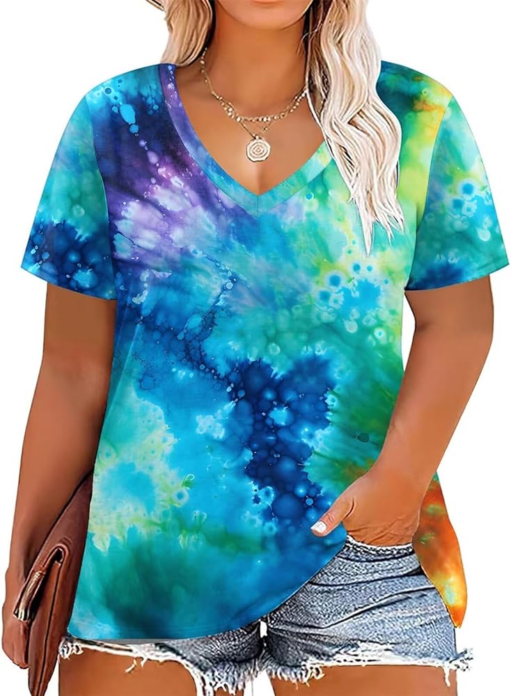 DOLNINE Womens Plus Size Tops Tie Dye Casual V Neck Summer Short Sleeve Loose Fit Shirts XL-5XL