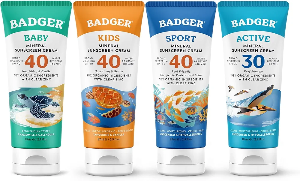 Badger Baby and Kids Sunscreen Bundle - SPF 40 Baby Mineral Sunscreen, SPF 40 Kids Sunscreen, SPF 40 Sport Mineral Sunscreen, SPF 30 Mineral Sunscreen - Reef-Friendly Sunscreen with Zinc Oxide