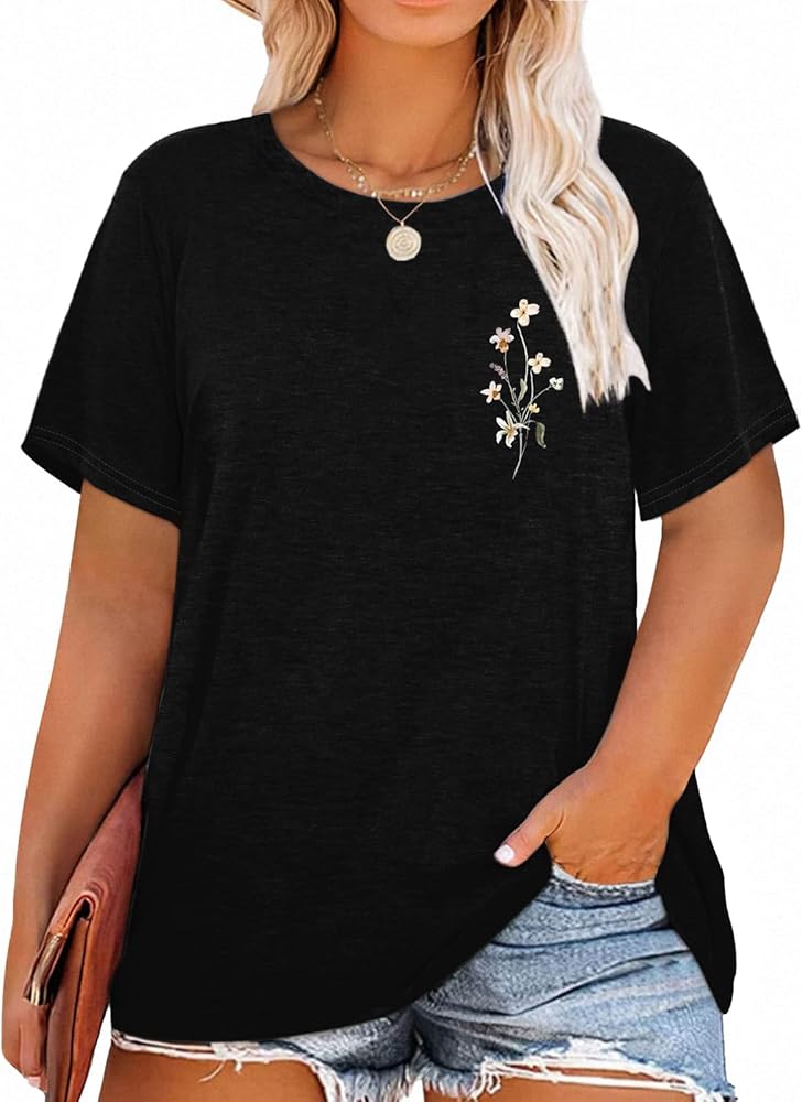 HDLTE Women Vintage Botanical Floral Graphic Tees Casual Boho Short Sleeve Plus Size Tops