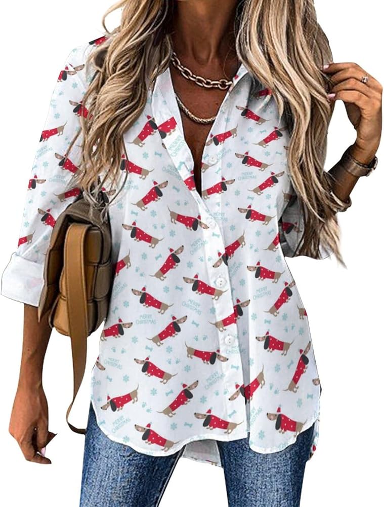 Winter Pattern with Cute Dachshund Dogs Blouses for Women Hawaiian Button Down Long Sleeve Shirts Tees Tops