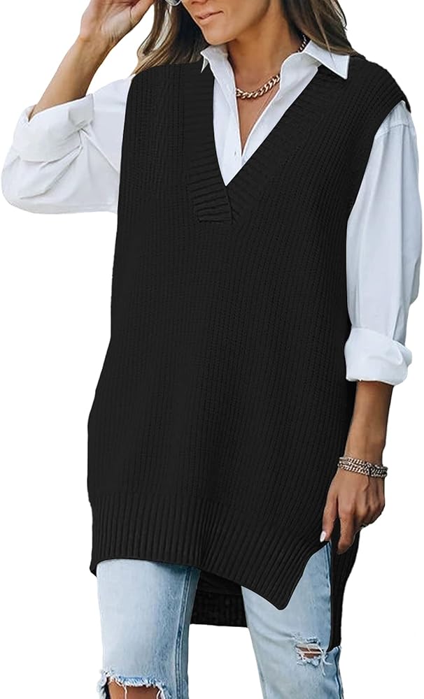 Viottiset Women's Oversized V Neck Knit Sweater Vest Tunic Sleeveless Pullover Top