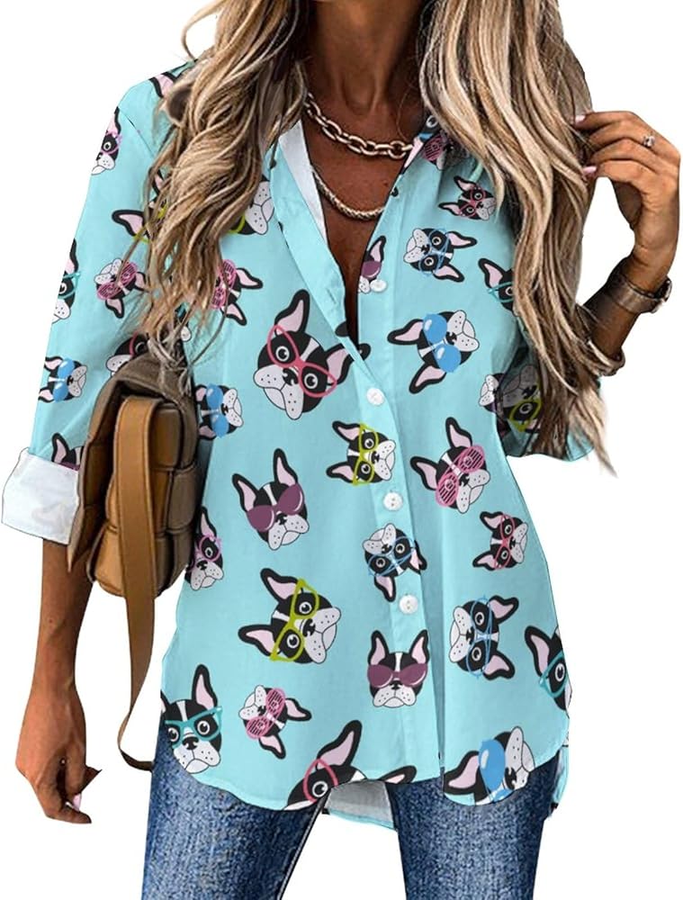 French Bulldogs with Glasses Blouses for Women Hawaiian Button Down Long Sleeve Shirts Tees Tops