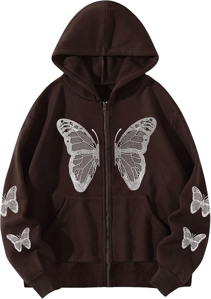 SHENHE Women's Zip Up Butterfly Print Graphic Hoodie Thermal Sweatshirt with Pockets