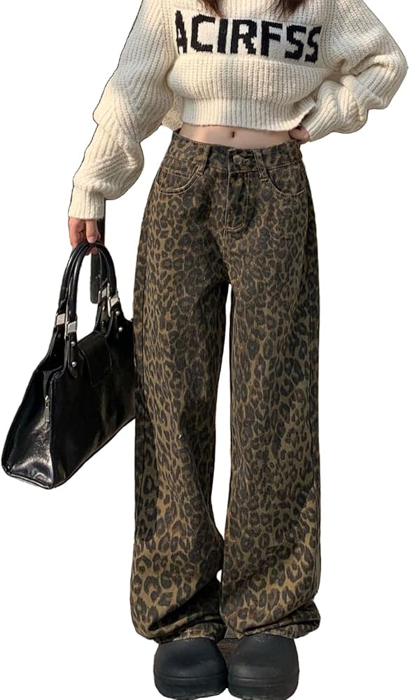 YELLOOP Leopard Print Jeans Y2k Jeans Leopard Jeans Grunge Y2k Pants Womens Baggy Jeans 2000s Leopard Pants