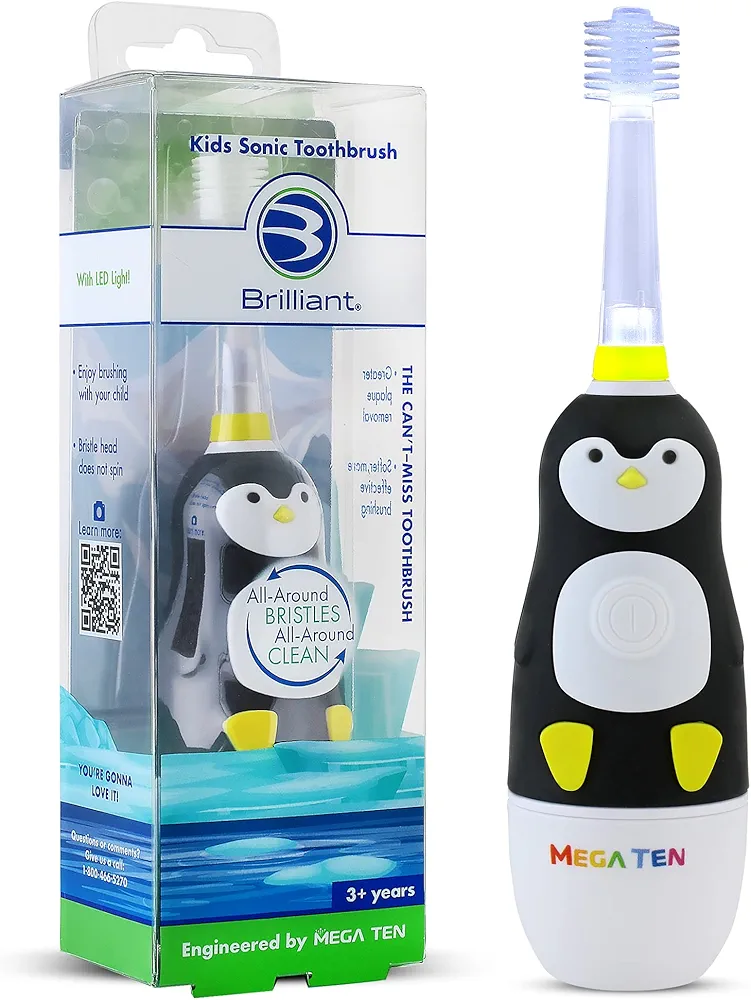 Brilliant Kids Sonic Toothbrush Characters – Kids Electric Toothbrush with Flashing Lights and Fine Bristles - Fun Brushing for Parent and Child, Ages 3-8 (Penguin)