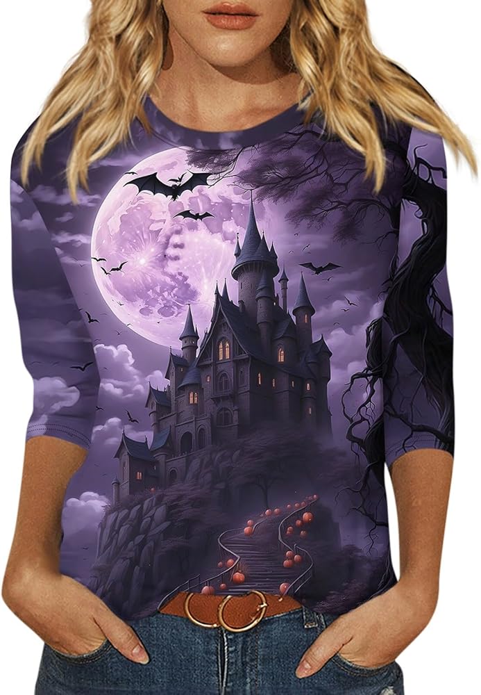 Halloween Costumes 3/4 Sleeve Round Neck Tops Casual Loose Fit Blouse Trendy Cute Tunic Printed Oversized tee