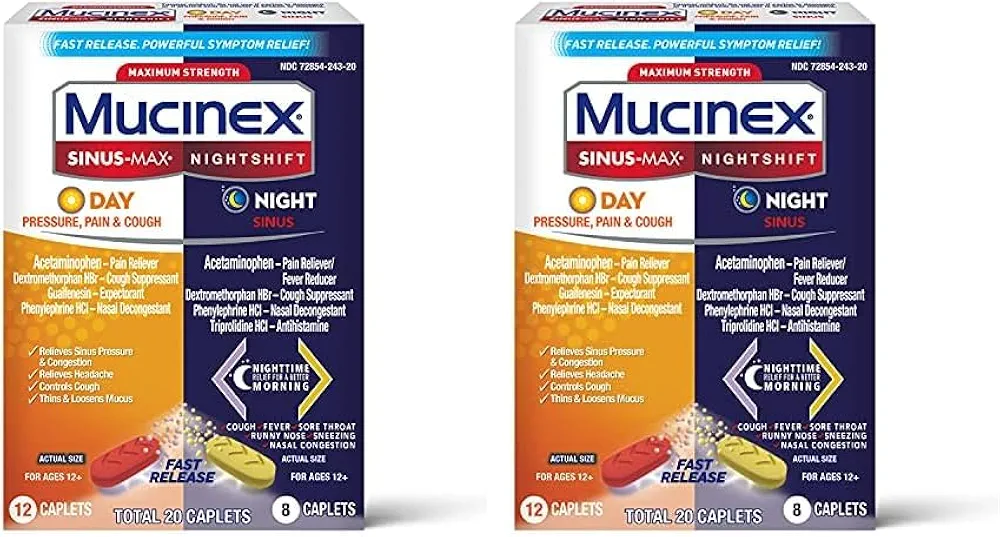 Mucinex Maximum Strength Sinus-Max (Day) Pressure, Pain & Cough & Nightshift (Night) Sinus Caplets, Fast Release, Powerful Multi-Symptom Relief, 20 caplets (12 Day time + 8 Night time) (Pack of 2)