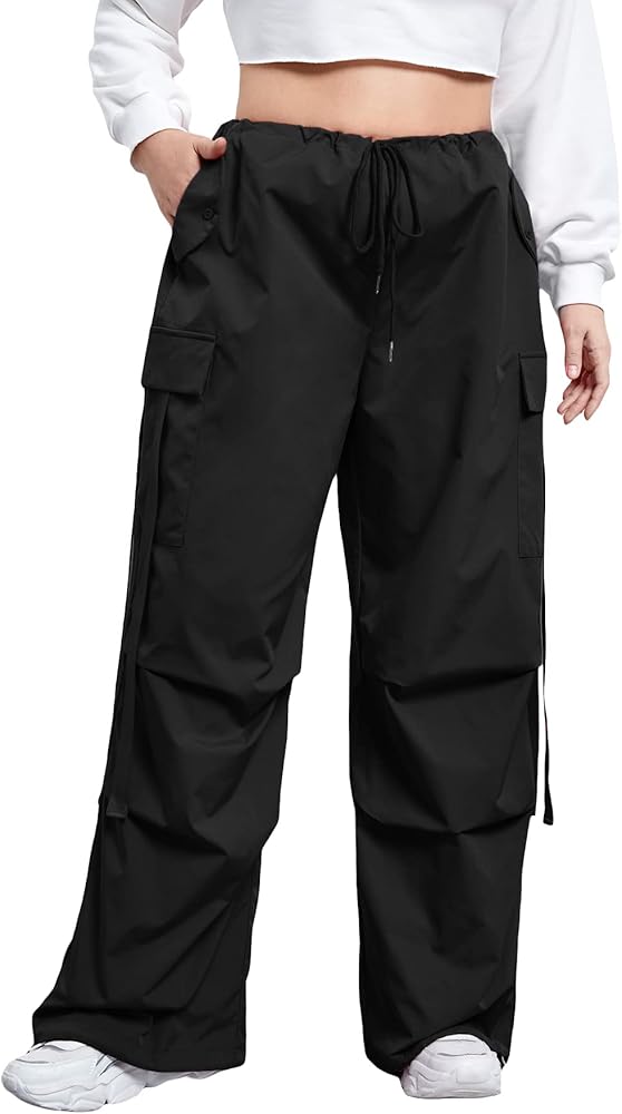 Floerns Women'S Plus Size Flap Pocket Drawstring High Rise Parachute Baggy Cargo Pants