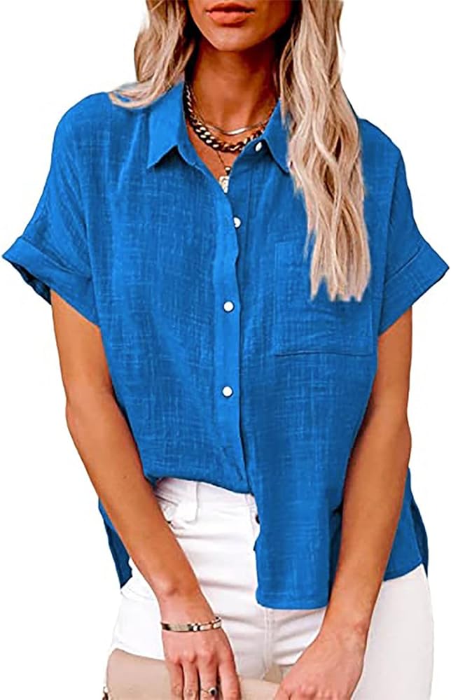 SMIDOW Shirts for Women Trendy Summer 2023 Button Down Linen Tops Plus Size Short Sleeve Collared t-Shirt Work Casual Blouse