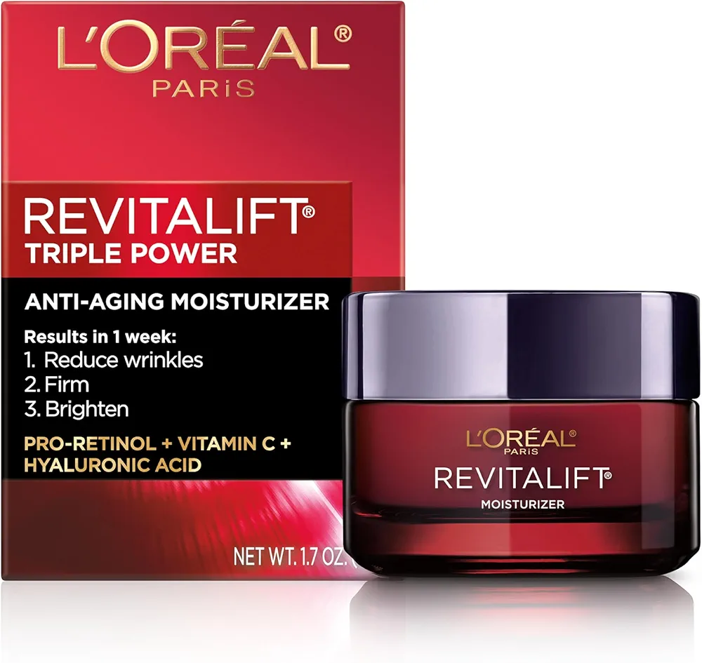 L'Oreal Paris Revitalift Triple Power Anti-Aging Face Moisturizer, Pro Retinol, Hyaluronic Acid & Vitamin C to Reduce Wrinkles, Firm & Brighten Skin, 1.7 Oz