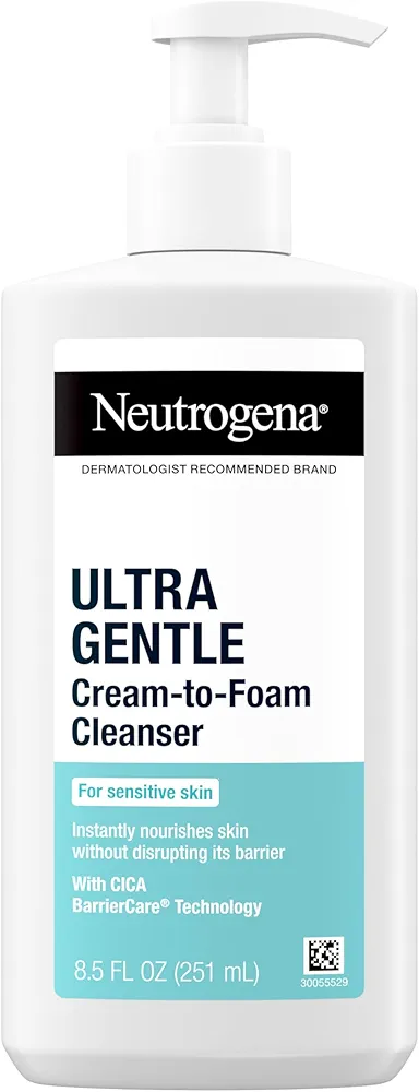 Neutrogena Ultra Gentle Cream-to-Foam Daily Facial Cleanser, Transforms from a Creamy Cleanser to a Foaming Face Wash, Gently Cleanses Sensitive Skin, Fragrance-Free, Hypoallergenic, 8.5 oz