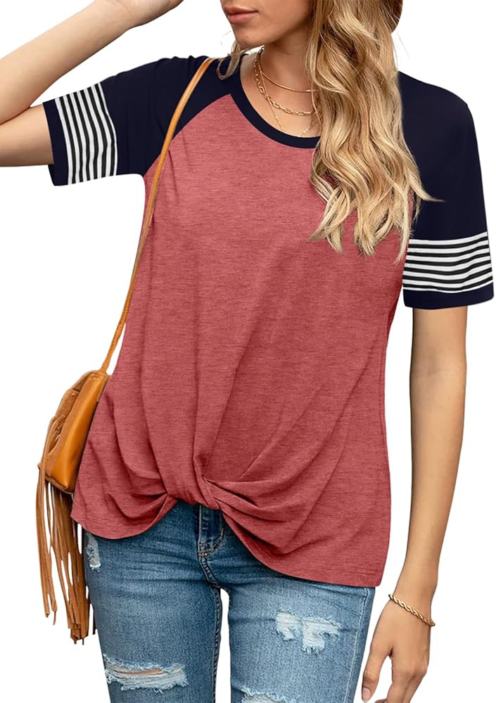 Anbech Twist Knot Tops for Women Solid Color V-Neck Round Neck T Shirt Casual Short Sleeves Tunic Tees