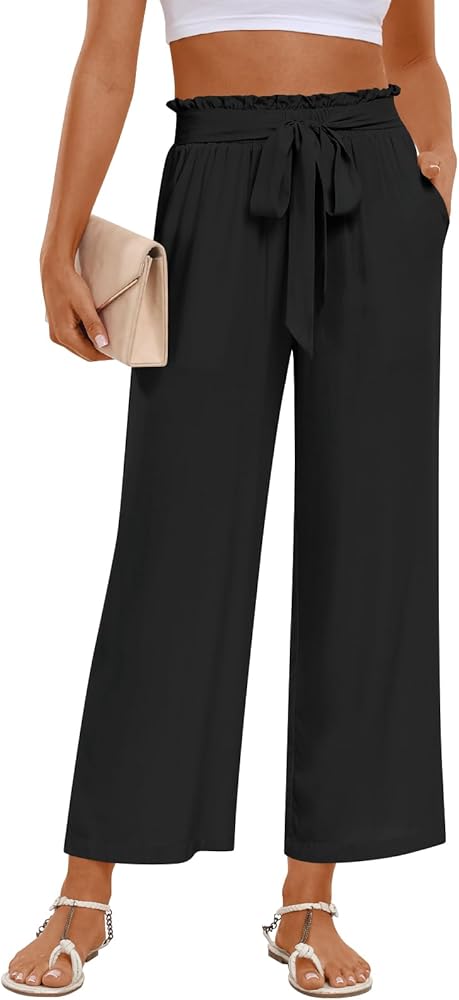 HOTGIFT Womens Wide Leg Pants Summer High Waisted Palazzo Pants Casual Lightweight Trousers Adjustable Tie Knot with Pockets