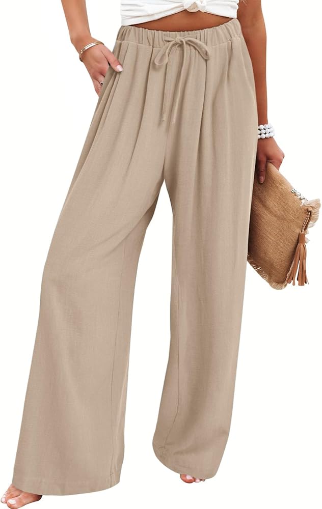 Bloggerlove Womens Linen Palazzo Pants Summer Casual Boho Wide Leg High Waist Lounge Beach Trousers with Pockets