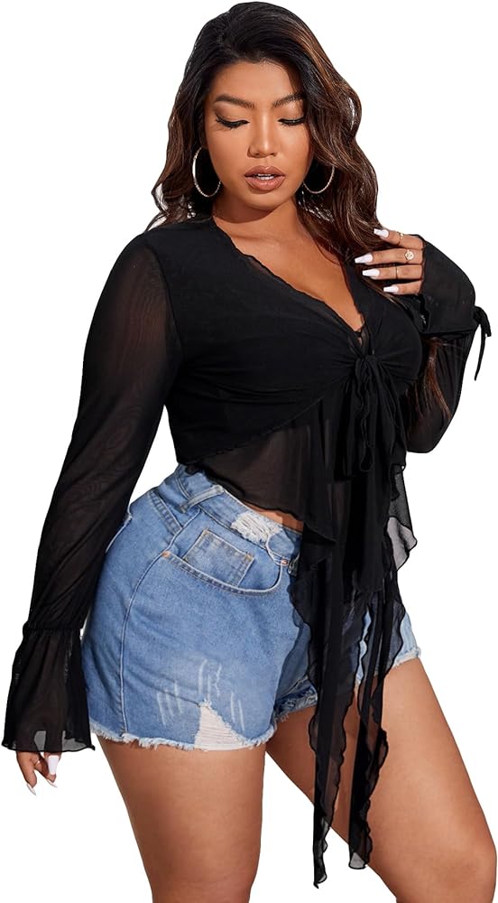 MakeMeChic Women's Plus Size Tie Front Long Bell Sleeve Deep V Neck Lettuce Trim Sheer Mesh Crop Blouses Tee Tops