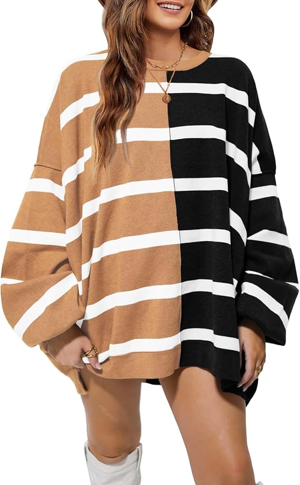 Womens Striped Sweaters Oversized Casual Loose Long Sleeve Crew Neck Color Block Lightweight Cozy Sweaters for Women