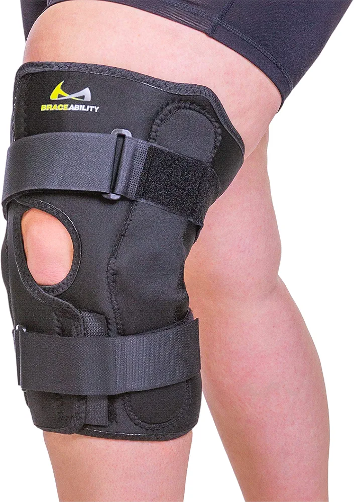 BraceAbility Obesity Hinged Knee Pain Brace - Overweight Men and Women's Wraparound Plus-Size Support for Osteoarthritis, Weak Joints, Medial and Lateral Kneecap Instability (Large)