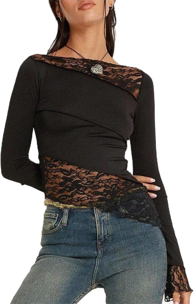 Women Y2k Lace Long Sleeve Top See Through Mesh Crop Top Floral Slim Fit Layering Top Tee Shirts Blouse Streetwear