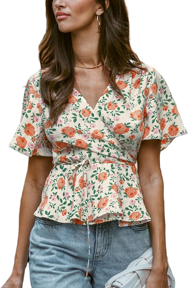 CUPSHE Women Tops Floral Short Sleeve Peplum Blouse V Neck Tee Shirt Casual Dressy