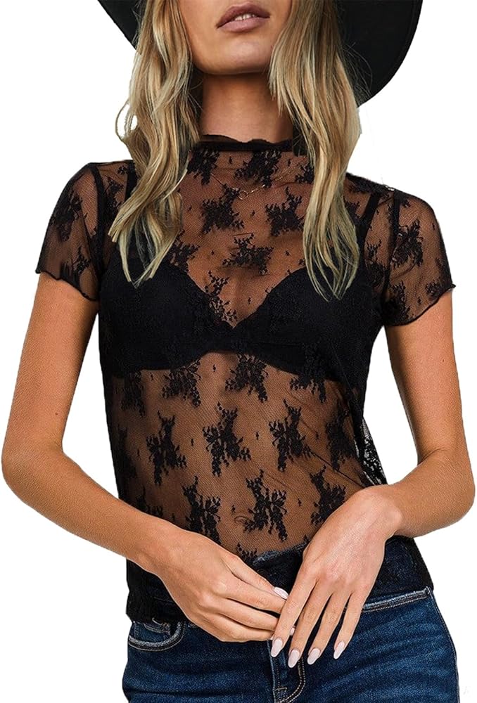 LOFAAC Women Floral Lace Sheer Mesh Top Y2K Summer Slim Mock Neck Sleeveless See Through Blouse Shirts Party Lace Tee