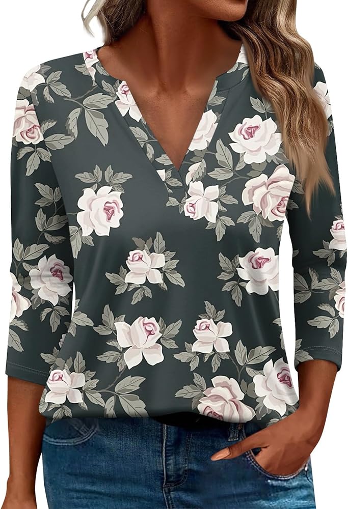 Women Tops Long Sleeve V Neck Casual Tunics Print Blouses Trendy Clothes Floral Tees