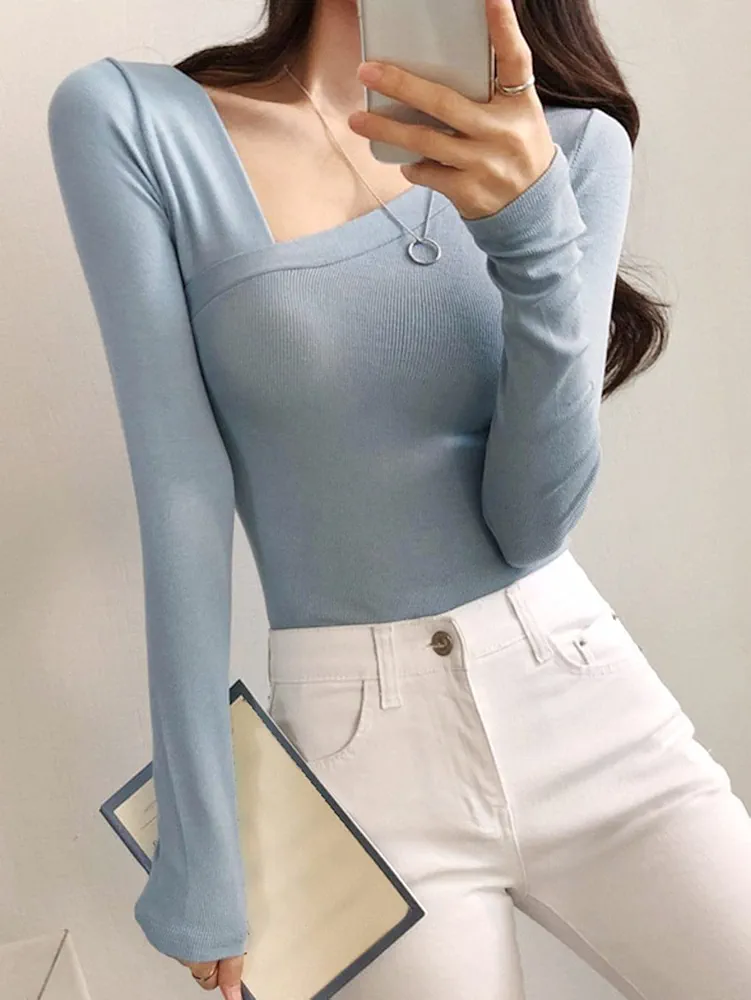 Women's Tops Women's Tops and Blouses Solid Asymmetrical Neck Tee Women's Tops Casual VIUPOLSOR (Color : Baby Blue, Size : Medium)