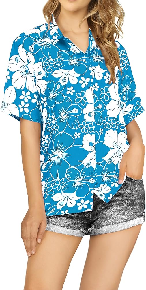 LA LEELA Button Down Shirt for Women Floral Party Blouse Hawaiian Short Sleeve Shirts Colorful Tops Blouses for Women