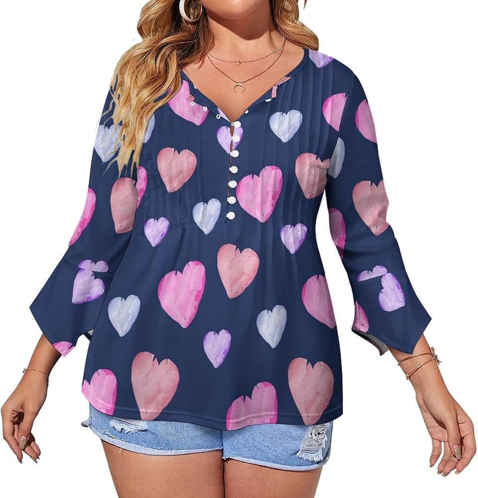 Watercolor Hearts Cute Womens T-Shirts 3/4 Sleeve Button Down Tee Tops Blouse Summer Beach