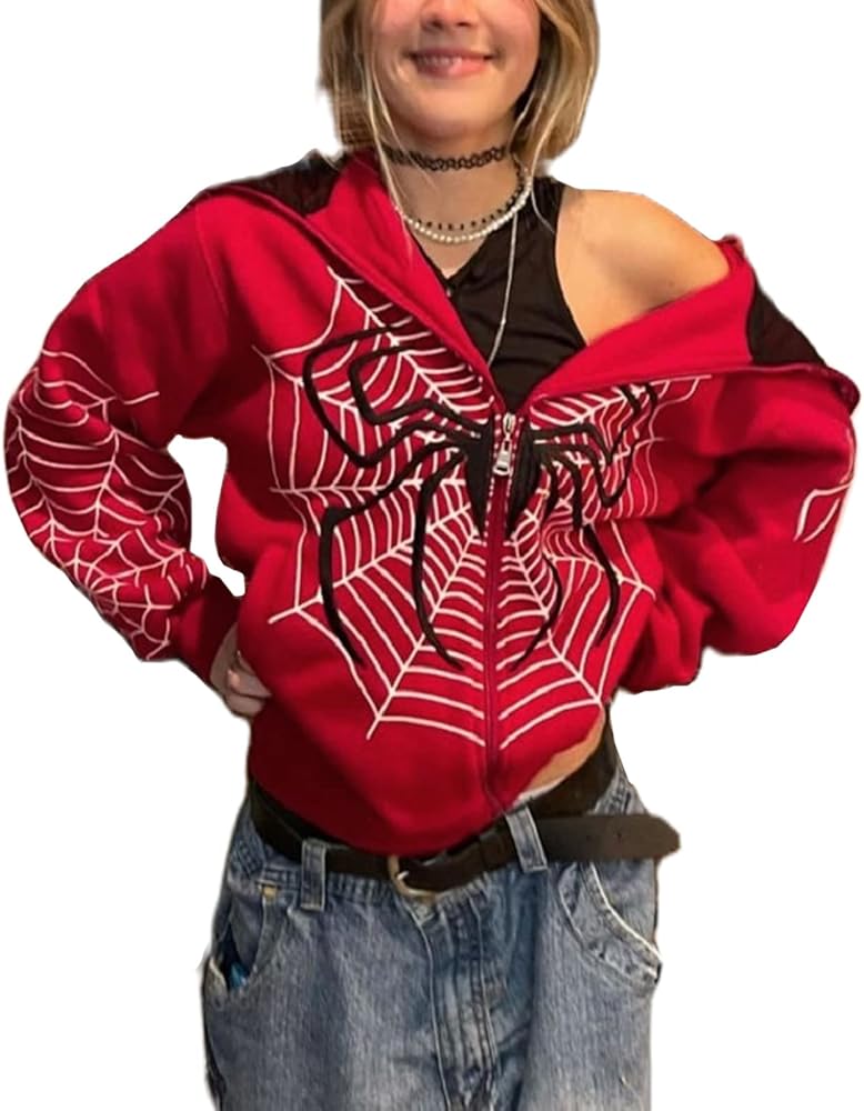 Womens Men Y2k Spider Web Hoodie Rhinestone Graphic Full Zip Up Oversized Sweatshirt Harajuku Vintage Jacket