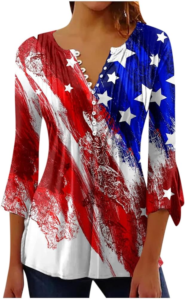 XIAXOGOOL Ladies 4Th of July Shirts Women American Flag Patriotic 3/4 Sleeve Shirt Independence Day Crewneck Cute Tunic Tops