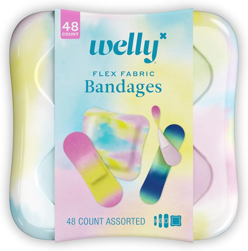 Welly Bandages | Adhesive Flexible Fabric Bravery Badges | Assorted Shapes for Minor Cuts, Scrapes, and Wounds | Colorful and Fun First Aid Tin | Colorwash Tie Dye Patterns - 48 Count