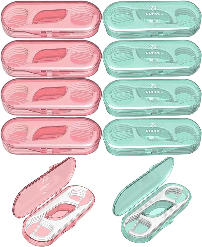 10 Pieces Holy Rose Travel Dental Floss Case-Micro Floss ToothPicks-Portable Flosser Picks Cases Contains Floss Stick 100 Count Sealed Storage for Teeth Cleaning (Green+Pink)