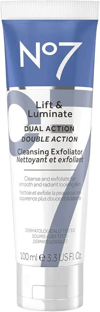 No7 Lift & Luminate Dual Action Cleansing & Exfoliating Face Wash - Gentle Face Exfoliator with Vitamin C, E & B5 - Deep Pore Cleanser for Dull & Uneven Skin Tone (3.4 Fl Oz)