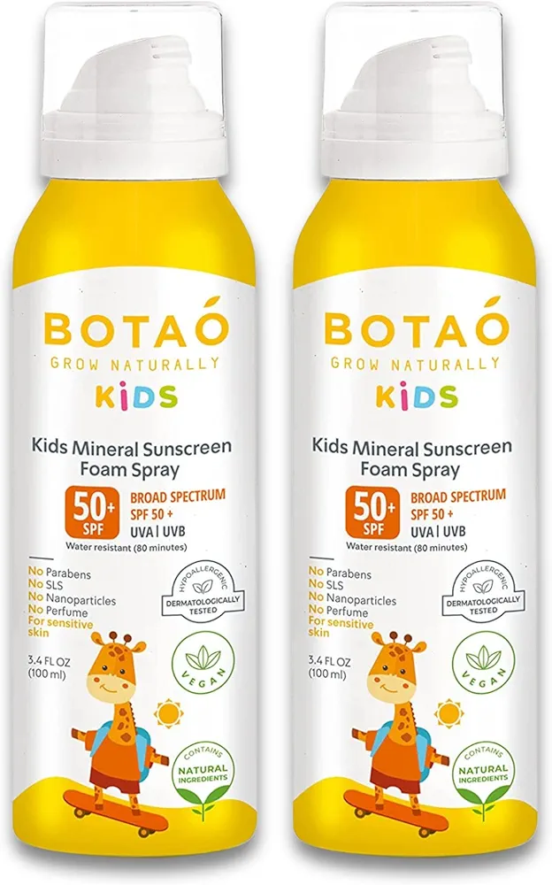 Kid’s Mineral Sunscreen Foam Spray: SPF50 Broad Spectrum UVA UVB, Children or Kid’s Sunburn Protection, Zinc Oxide, 3.4 Oz (2-Pack)