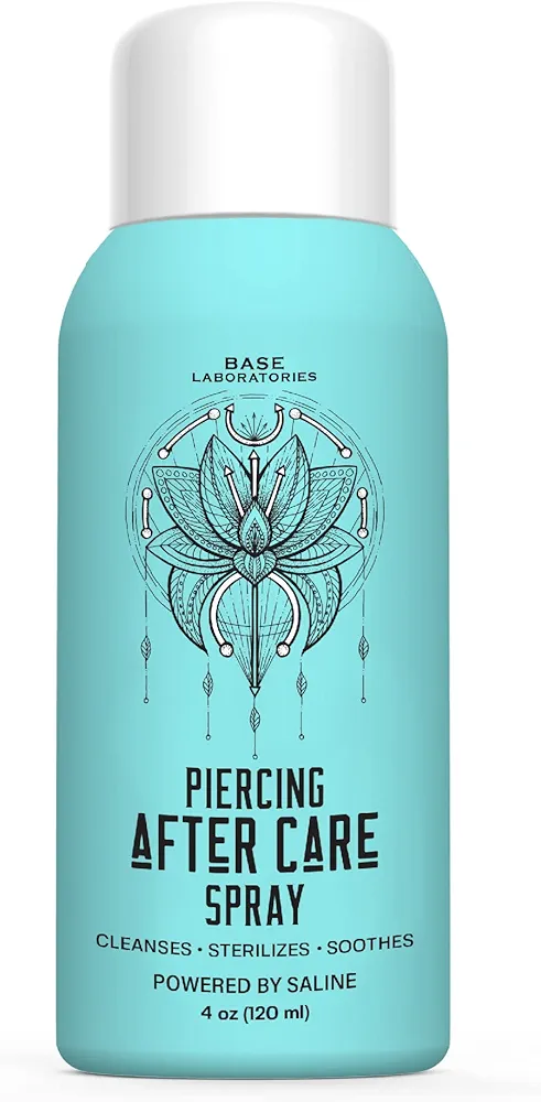 BASE LABORATORIES Piercing Aftercare Spray | Sterilizing Saline Spray for Piercings | Piercing Cleaner Spray for Ears, Nose - Saline Solution for Piercings, Piercing Bumps, Keloid Bumps & Wounds 4oz