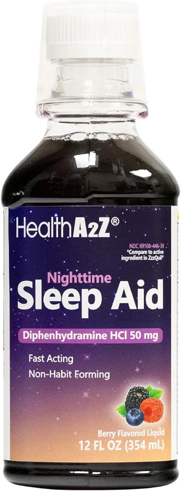 HealthA2Z® Nighttime Sleep Aid | Diphenhydramine 50mg HCl 12 Fluid Ounce | Fast Acting | Non-Habit Formin | Berry Flavored Liquid