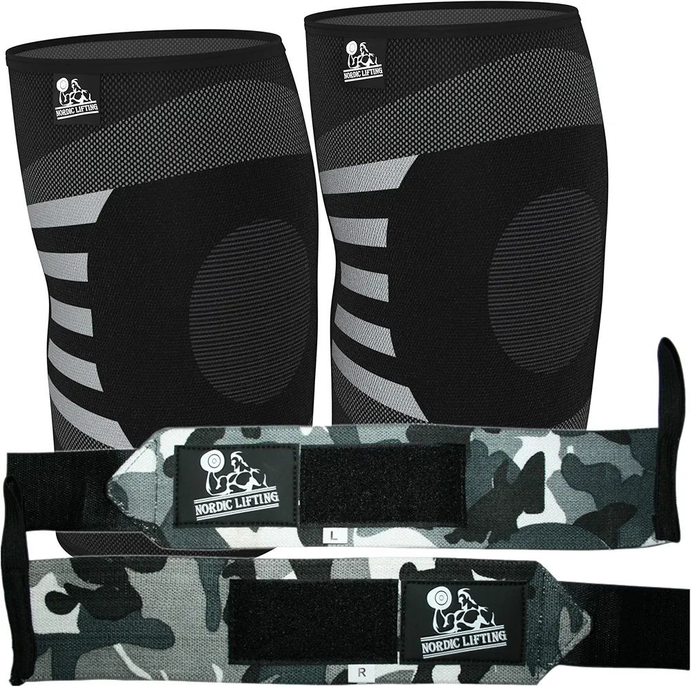 Nordic Lifting Knee Compression Sleeves (1 Pair) Small, Grey and Wrist Wraps (1 Pair/2 Wraps) Camo Grey