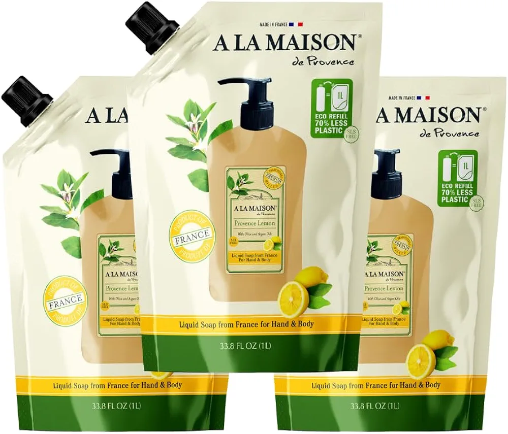 A LA MAISON French Liquid Hand Soap Eco-Friendly Refill Pouch, Provence Lemon - Natural Hand Wash Made with Essential Oils - Biodegradable, Plant-Based, Vegan, Alcohol & Paraben Free (33.8 oz, 3 Pack)