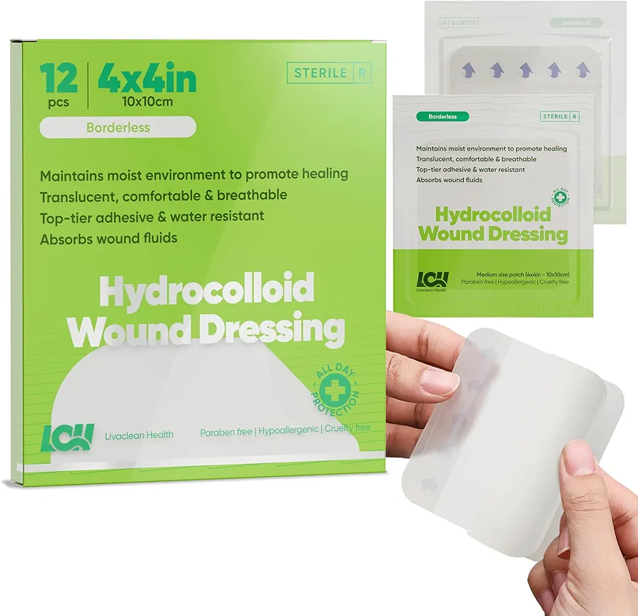 (12 CT) 4" x 4" Sterile Hydrocolloid Bandages LivaClean Health - Individually Packed, Hydrocolloid Bandages Large, Hydrocolloid Adhesive Bandage, Bed Sore Bandages, Large Hydrocolloid Patches